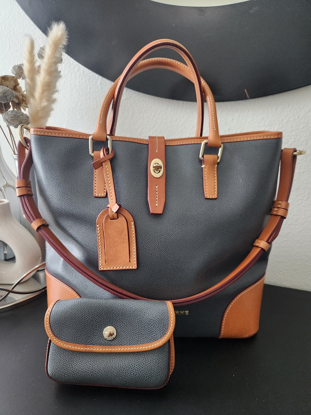 Dooney & Bourke Gray and Tan Leather Shoulder Bag with Removable Pouch